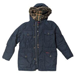 Barbour Boys Navy Blue Padded Parka Jacket Faux Fur Hood Tartan Lining Size M